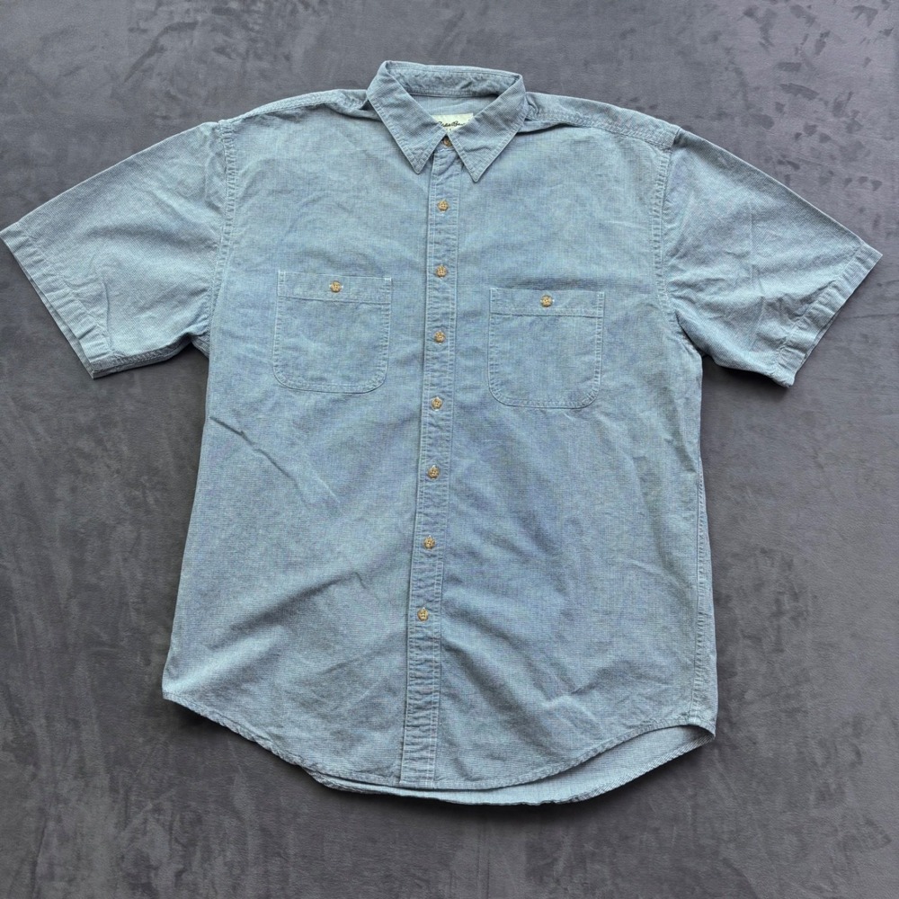 Eddie Bauer Mens Large Tall Blue Micro Houndstooth Cotton Short Sleeve Shirt